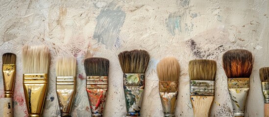 Assortment of vintage paintbrushes showcasing used and stained bristles against a blank copy space image