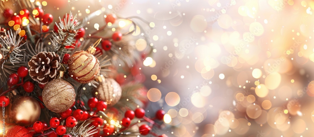 Poster Christmas greeting card with festive decorations on a bokeh background conveying a New Year theme with ample copy space in a flat lay style shown from a top view perspective