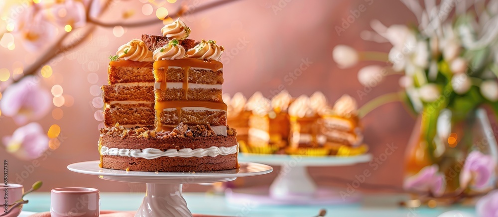 Poster colorful background enhances dessert stand with delectable caramel cake creating an appealing displa