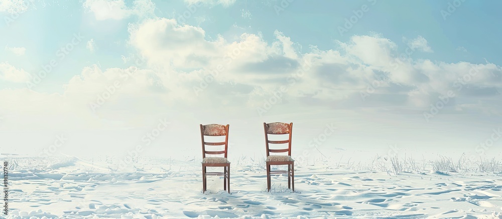 Poster Creative concept showcasing two chairs on a snowy field with empty space for text or images utilizing copy space image