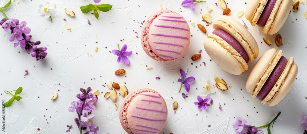 Poster top view of colorful almond cookies cake macaron or macaroon with violet spring flowers on a white b