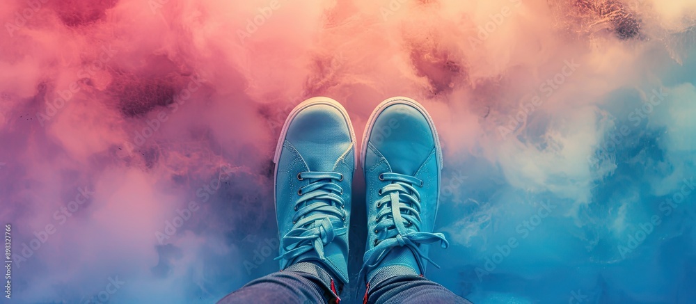Aufkleber Top down view of blue sneakers on a colorful background with clouds creating a scenic copy space image