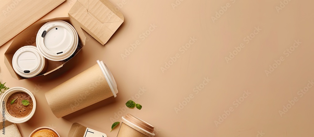 Poster Cardboard eco friendly food delivery containers and disposable cups arranged on a beige background with a clear area for additional content like a copy space image