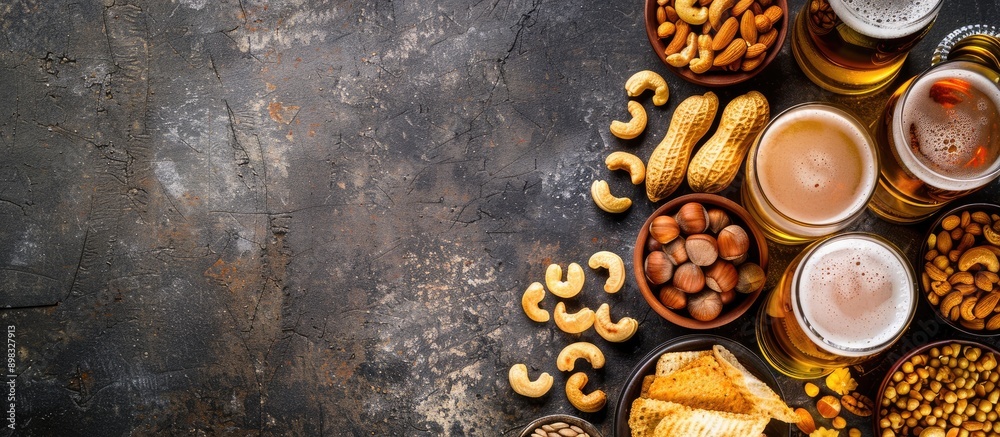 Aufkleber Top view of assorted nuts lager beer and snacks displayed on a stone table with plenty of space for additional content in the image