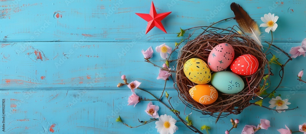Aufkleber celebrate easter with a vibrant display of easter eggs in a nest accompanied by a paper star flower 