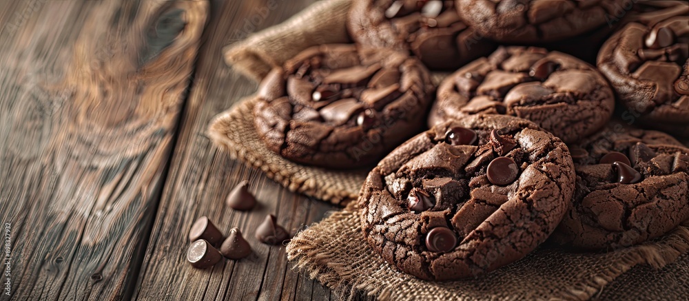 Leinwandbilder chocolate cookies displayed on a wooden table against a textile background with space for additional