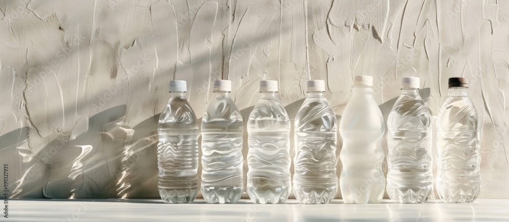 Poster bottles of water made of plastic displayed on a white backdrop with copy space image