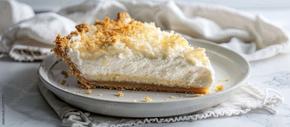 Poster Coconut cream pie displayed on a white plate with a light cloth napkin underneath in a setting suitable for a copy space image