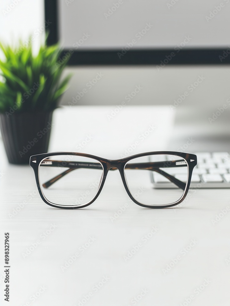 Poster a pair of black eyeglasses with clear lenses rests on a white desk, a computer keyboard is visible b