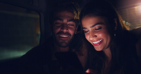 Date night, phone and couple in car together for communication, commute or travel to location. Backseat, romance and social media with happy taxi passenger people in vehicle for evening transport