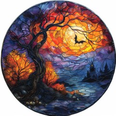 Spooky Stained Glass Landscape with Haunting Tree and Glowing Moon in Dramatic Night Sky
