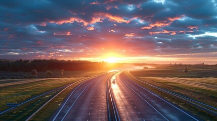 A shot of a highway at sunrise, with the golden hour light illuminating the landscape.