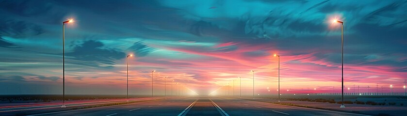 Highway at twilight captured in a photo realistic style, high-quality photograph, streetlights creating a beautiful contrast with the colorful sky.