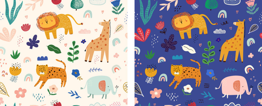 Baby vector seamless patterns with cute animals. Baby hand drawn design for textile. Fabric baby design. Nursery baby patterns illustration