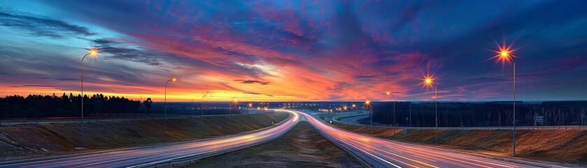 Obraz premium Photo realistic image of a highway at twilight, high-quality photograph, streetlights creating a beautiful contrast with the colorful sky.