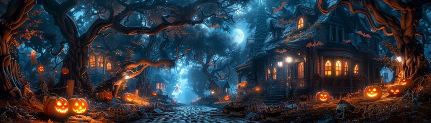 Obraz premium Spooky Halloween Night in an Eerie Small Town with Haunted House and Flickering Jack o Lanterns