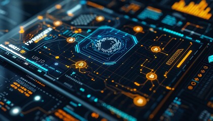 A close-up of an encrypted blockchain ledger on a digital tablet, with holographic data visualization and advanced encryption symbols, isolated on a dark background.