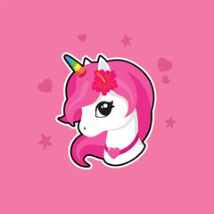 Cute cartoon character magic unicorn with rainbow horn, pink hair, flower. Vector illustration isolated on a pink background. For prints, design, posters, stickers, cards, decoration, kids clothes