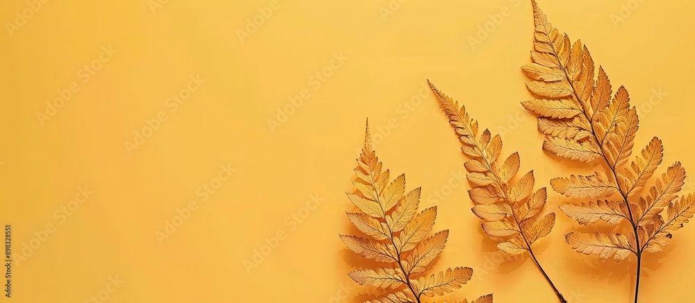Fototapete Autumn fern leaves on yellow backdrop with copy space image viewed from above in a minimalistic horizontal style