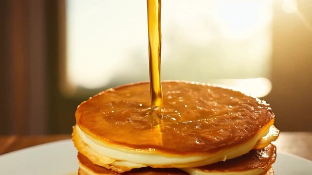 A stack of delicious hot pancakes with syrup poured on top.