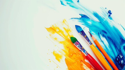 Obraz premium Wallpaper of colorful splash paint and brushes for back to school concept. Stories for social media of abstract background for sale flyers.