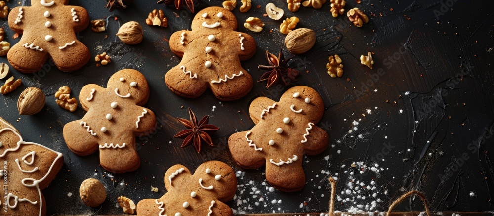 Aufkleber Top view displaying a delectable batch of gingerbread cookies filled with nuts being baked with a designated area for text in the image. Creative banner. Copyspace image