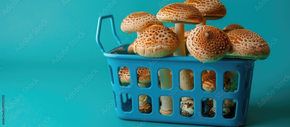 Poster Blue shopping basket with mushrooms on a green background emphasizing the shopping concept with a copy space image