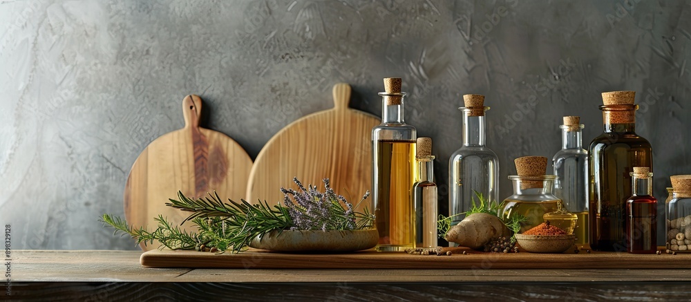 Poster Aromatic spices and oils displayed on the kitchen table with copy space image