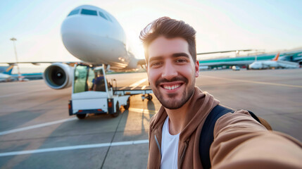 Happy tourist man taking selfie in front of airplane. Holidays and transportation life style concept.