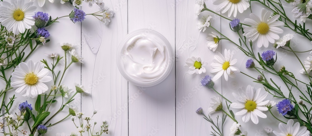 Poster a cosmetic cream surrounded by herbal flowers displayed elegantly on a white wood table with ample c