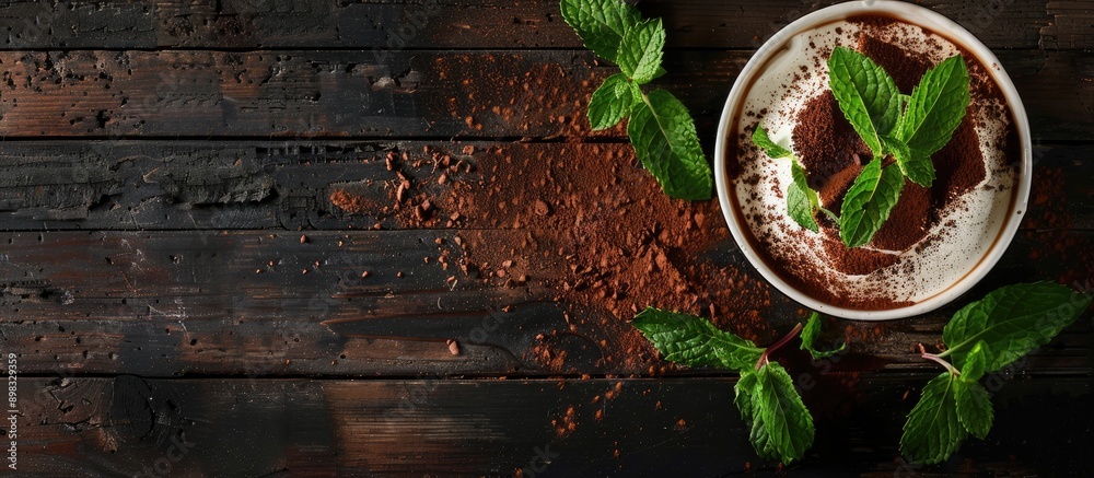 Poster an appetizing tiramisu dessert set on a dark wooden backdrop adorned with fresh mint featuring ample