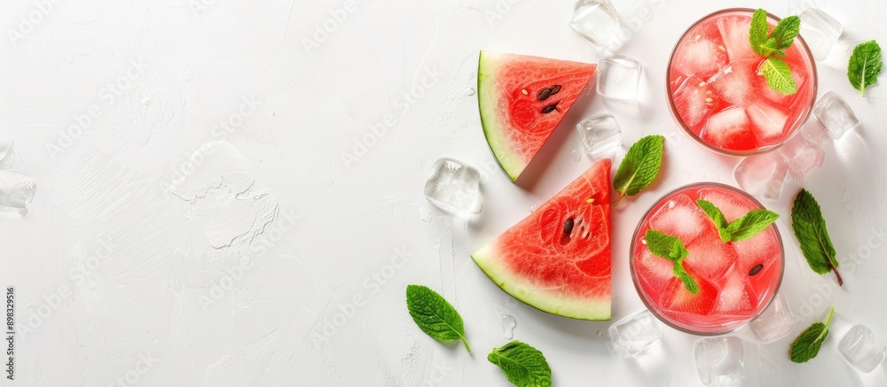 Poster cold watermelon juice with ice and mint in a glass beside two watermelon slices on a white backgroun