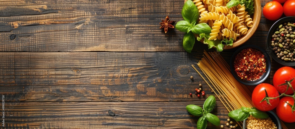 Poster cooking essentials like pasta tomatoes salad and spices displayed on a wooden table with a copy spac