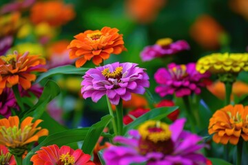 Assorted vibrant flowers in a garden, Zinnia garden bursting with color, AI generated