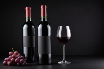 Obraz premium Glass of red wine and bottle and bunch of grape on black background