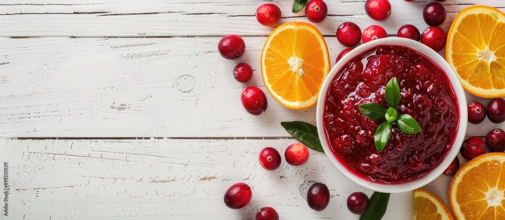 Leinwandbilder a composition of cranberry sauce and orange arranged on a white wooden table with room for text arou