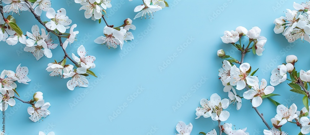 Poster A view of delicate spring twigs with white blossoms on a blue backdrop from above creating a flat lay composition with copy space perfect for a card featuring pretty pink flowers