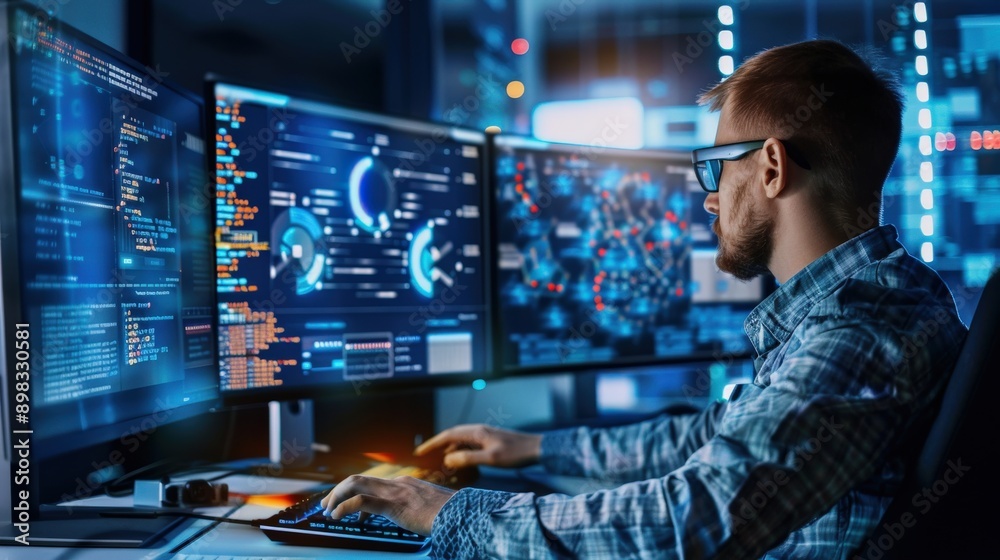 Poster a man is working on a computer with multiple monitors and a keyboard. he is wearing glasses and he i