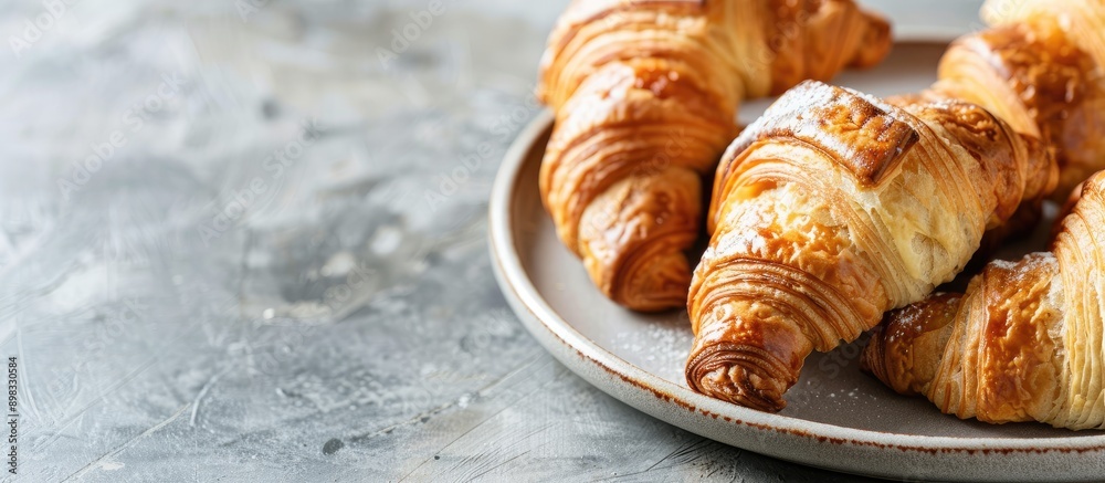 Fototapete close up image showing a plate of delicious croissants on a table with ample copy space image