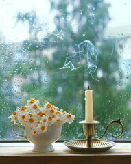 extinguished candle in candlestick and chamomile flowers in cup on windowsill, abstract raindrops...