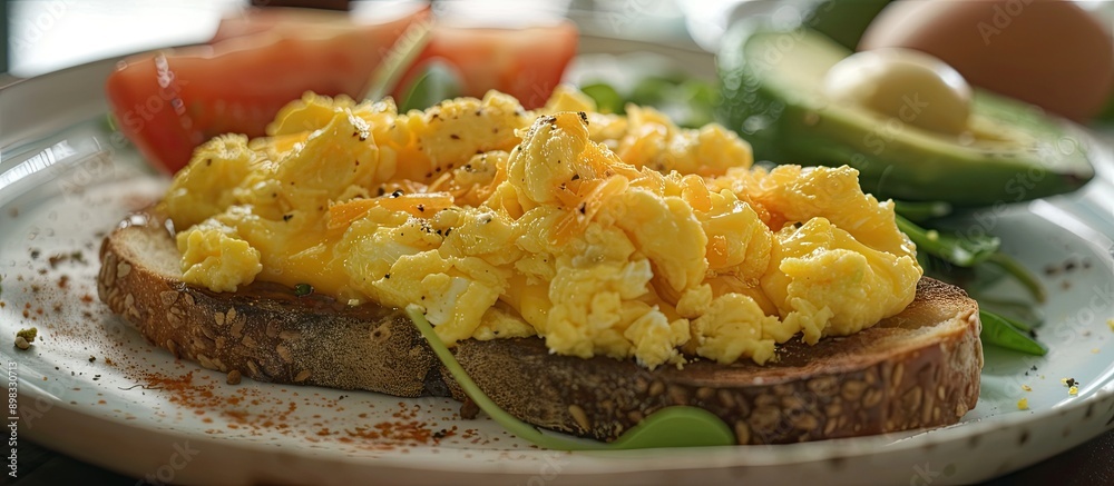 Poster a delectable breakfast choice showcasing toast topped with creamy avocado gooey melted cheese and fl