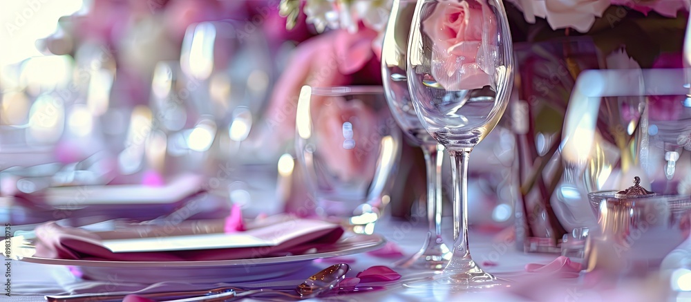 Aufkleber A beautifully set table with shiny wineglasses and silverware ideal for a wedding reception with a menu display and copy space image