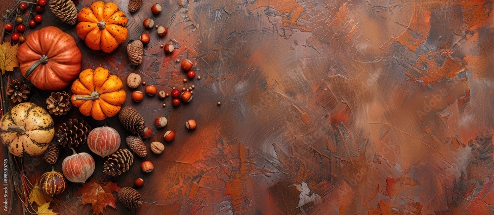 Leinwandbilder autumn themed arrangement featuring pumpkins hazelnuts and cones on a textured surface with a fall a