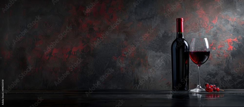 Aufkleber A dark bottle and glass of red dry wine placed on a table with space for text or graphics in the background. Creative banner. Copyspace image