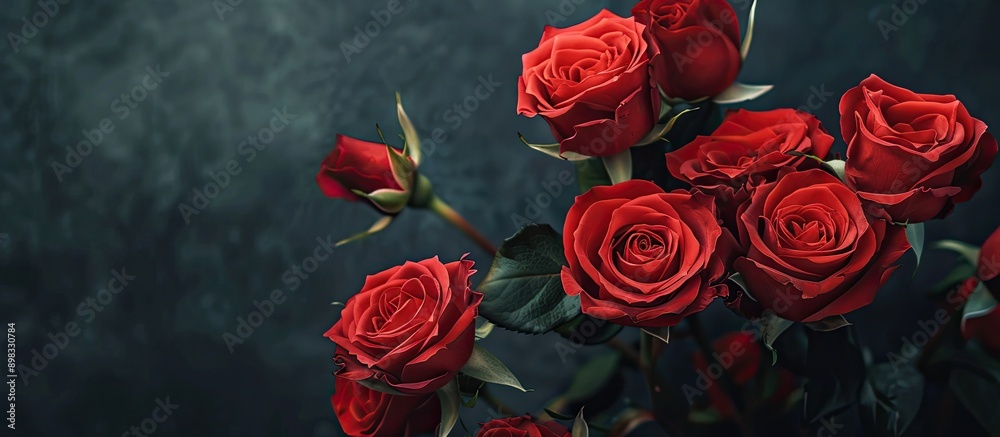 Poster A cluster of vibrant red roses set against a dark backdrop ideal for a copy space image