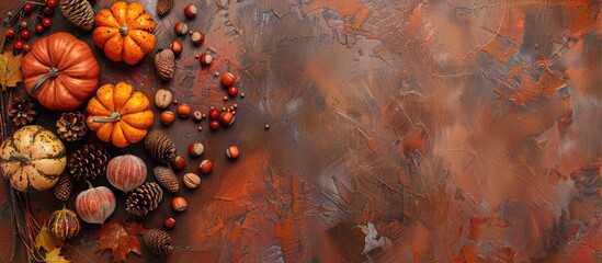 Autumn themed arrangement featuring pumpkins hazelnuts and cones on a textured surface with a fall aesthetic Top down view with space for text or images. Creative banner. Copyspace image