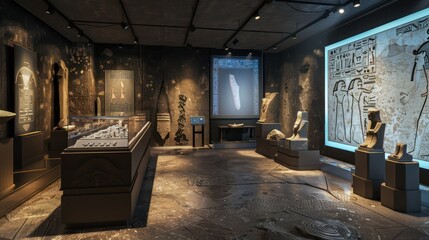 digital archaeology lab where ancient artifacts are explored virtually, with 3D reconstructions on interactive screens