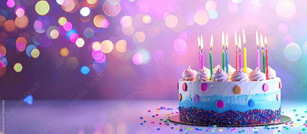 Poster celebrate with a colorful birthday cake adorned with candles on a festive background with copy space