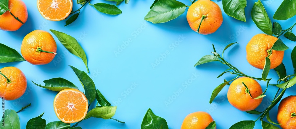 Poster colorful background with fresh mandarins and green leaves viewed from the top with room for a captio