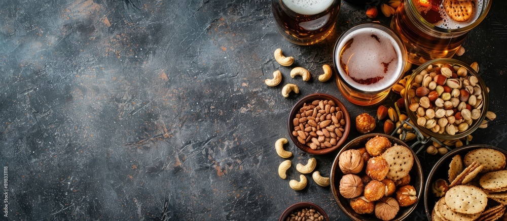 Poster Top view of assorted nuts lager beer and snacks displayed on a stone table with plenty of space for additional content in the image